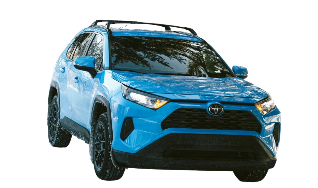 Front angled view of a blue Toyota RAV4 SUV