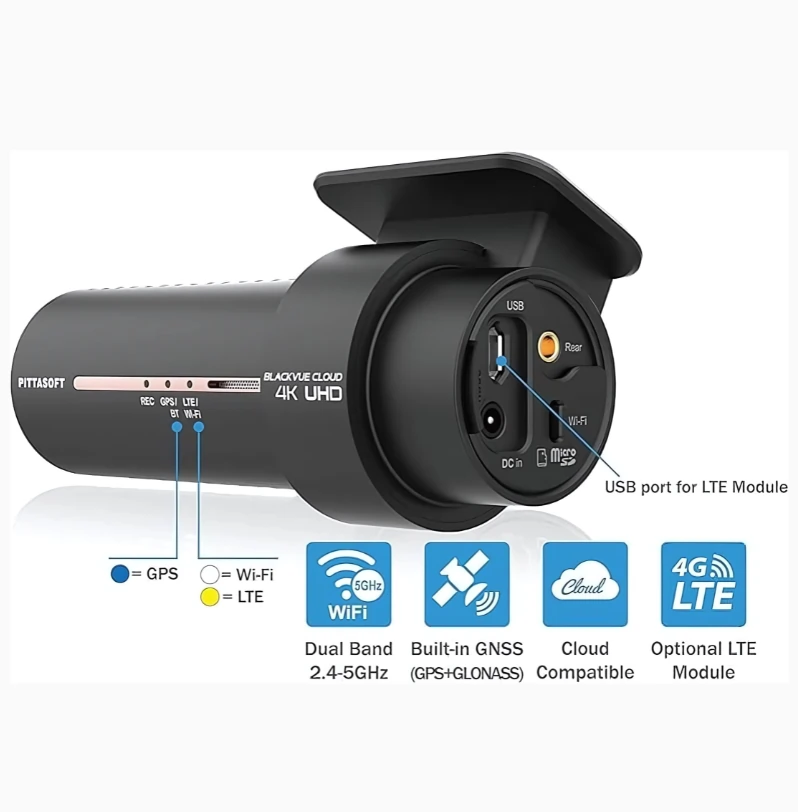 Close-up of the BlackVue DR970X-1CH cylinder-style dash cam showing its USB port for LTE, microSD slot, rear-camera jack, and status LEDs, alongside icons for dual-band 2.4/5 GHz Wi-Fi, built-in GPS + GLONASS, cloud compatibility, and 4G LTE module support.